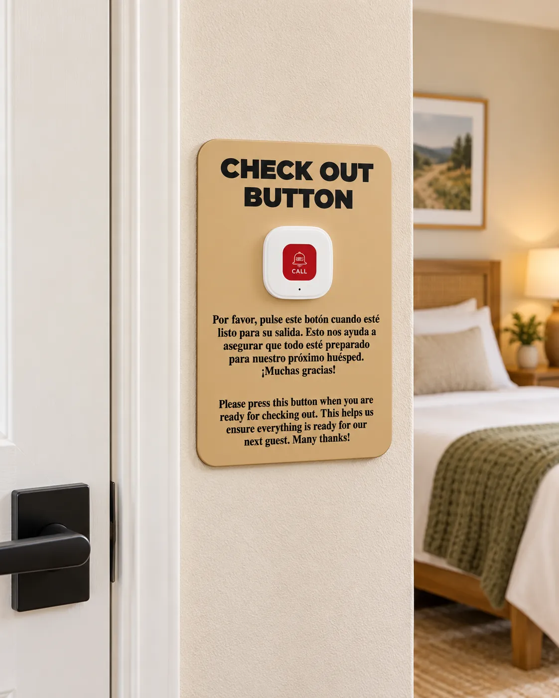 Placa Botón Checkout color kraft con pulsador WiFi rojo junto a la puerta del dormitorio de un apartamento turístico