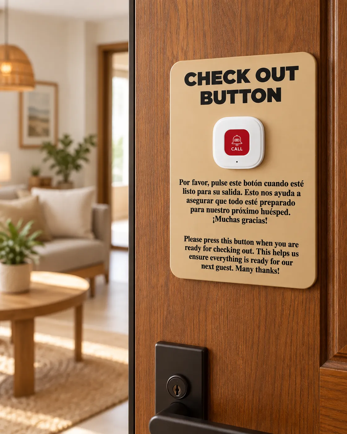 Botón Checkout en la puerta de madera de un apartamento Airbnb